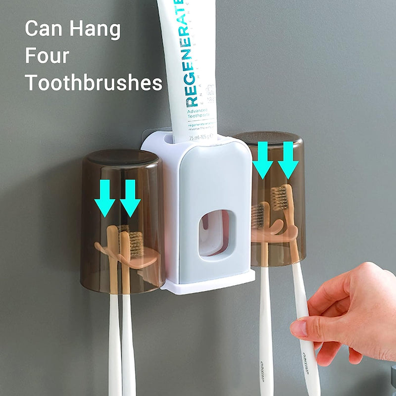 Toothbrush Holder Wall Mounted,EMIN Toothpaste Dispenser Wall Mounted for Bathroom Automatic Toothpaste Squeezer with Dust-Proof Cover Toothbrush Holder Organizer Super Sticky Suction Pad - T
