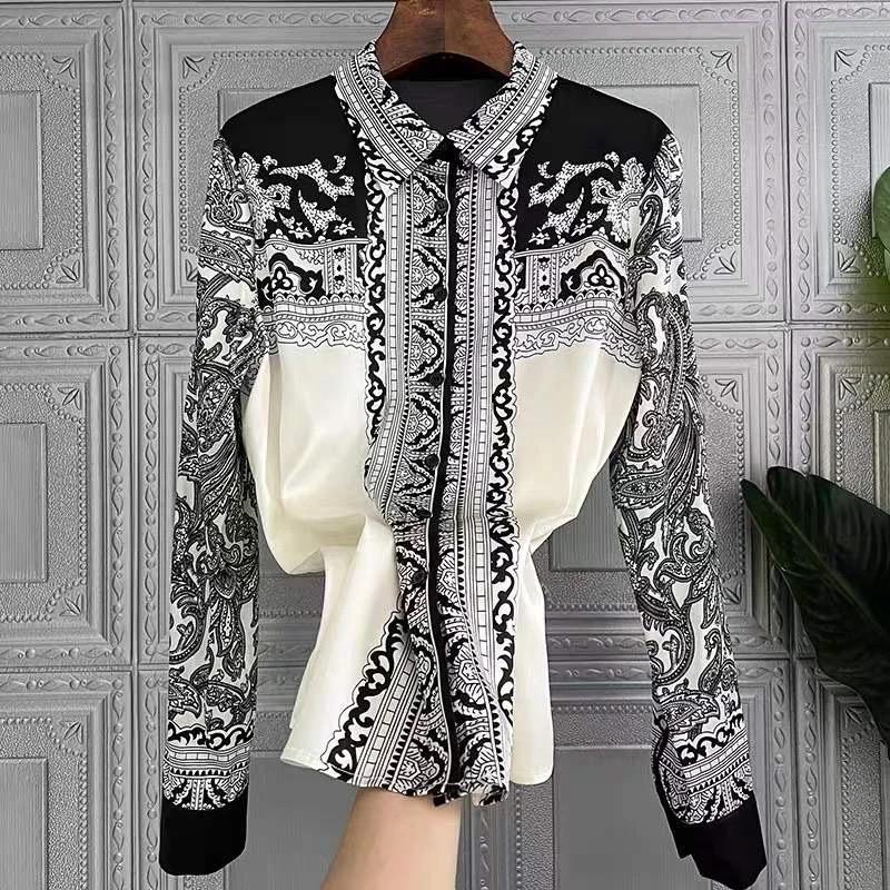 Vintage Print Women Satin Blouse Runway Baroque Elegant Office Ladies Long Sleeve Shirt Blusas De Mujer S4680262