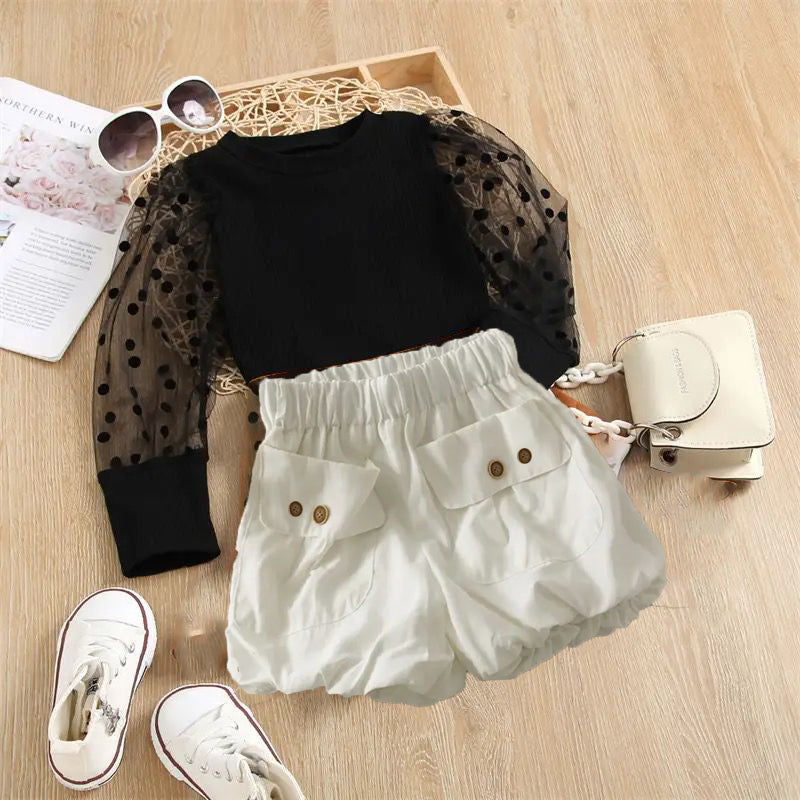 Baby Girl Summer Autumn Clothing Set Infant Mesh Puff Sleeve Long Sleeve Top+Pleated Shorts Kids Fashion Outfits 20475604