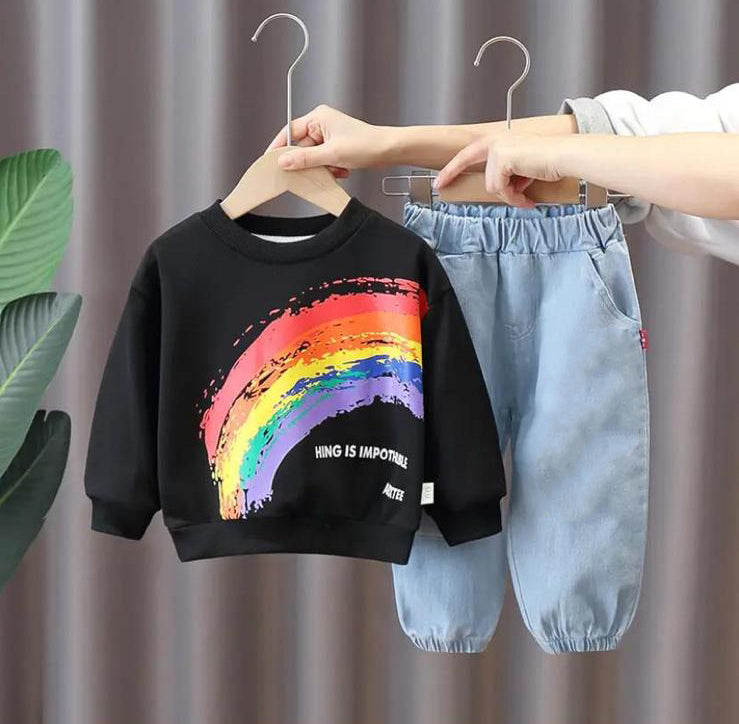 Spring Autumn Fashion Boys Clothes Kids Graffiti Rainbow T-shirts Jeans 2pcs/set Toddler Sport Clothes Children Tracksuits 20486267 - Tuzzut.com Qatar Online Shopping