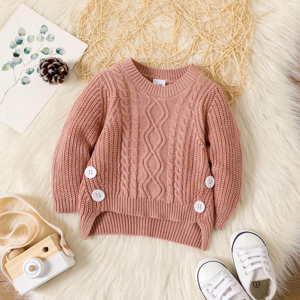 Baby Girl Button Decor Solid Long-sleeve Cable Knit Pullover Sweater 20462048 Baby Girl Button Decor Solid Long-sleeve Cable Knit Pullover Sweater 20462048