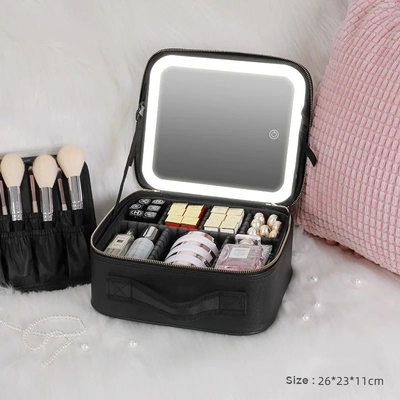 Portable Travel Makeup Cosmetic Organizer Bag with LED Mirror