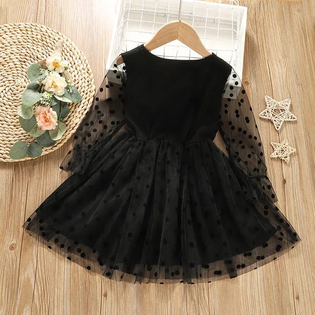 Fashion Dot Lace Long Sleeve Black Princess Little Girl Skirt Flower Girl Dress Kids Dresses for Girls 5-6y 19923821