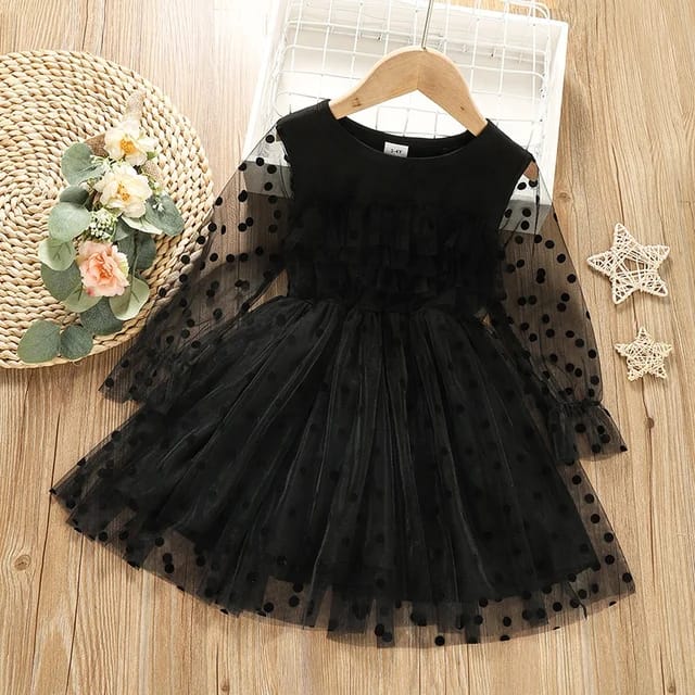 Fashion Dot Lace Long Sleeve Black Princess Little Girl Skirt Flower Girl Dress Kids Dresses for Girls 5-6y 19923821