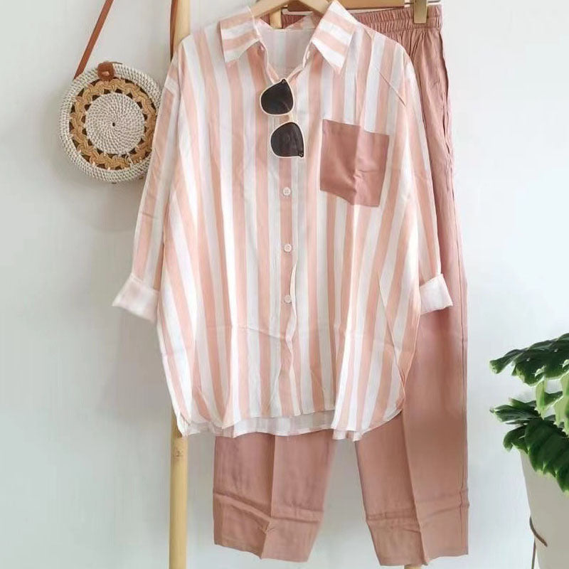 Trendy Women's Long Sleeve Casual Stripes Shirt Pants 2Pcs Set B-18743 Trendy Women's Long Sleeve Casual Stripes Shirt Pants 2Pcs Set B-18743