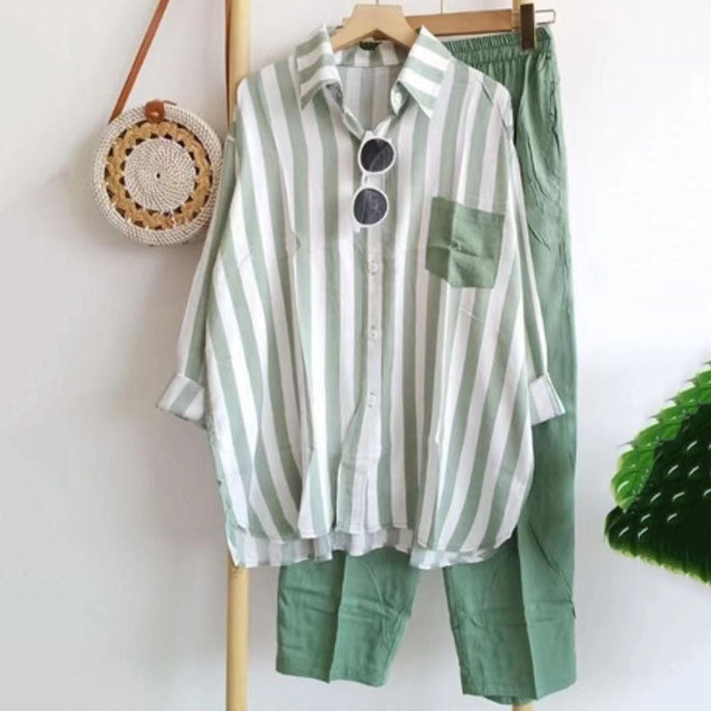 Trendy Women's Long Sleeve Casual Stripes Shirt Pants 2Pcs Set B-18743 Trendy Women's Long Sleeve Casual Stripes Shirt Pants 2Pcs Set B-18743