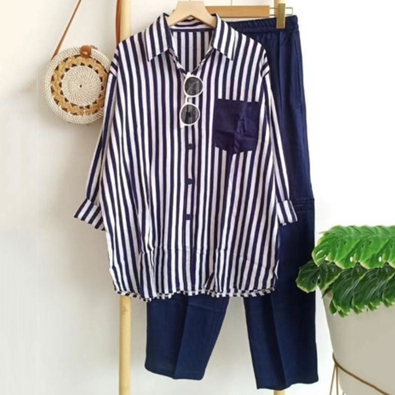 Trendy Women's Long Sleeve Casual Stripes Shirt Pants 2Pcs Set B-18743 Trendy Women's Long Sleeve Casual Stripes Shirt Pants 2Pcs Set B-18743