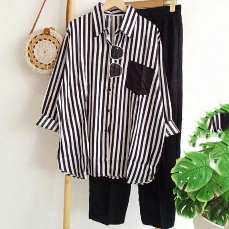 Trendy Women's Long Sleeve Casual Stripes Shirt Pants 2Pcs Set B-18743 Trendy Women's Long Sleeve Casual Stripes Shirt Pants 2Pcs Set B-18743