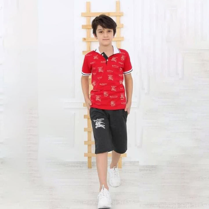 Boys Casual Burberry T-Shirt Shorts Set - Red TK5520 - Tuzzut.com Qatar Online Shopping