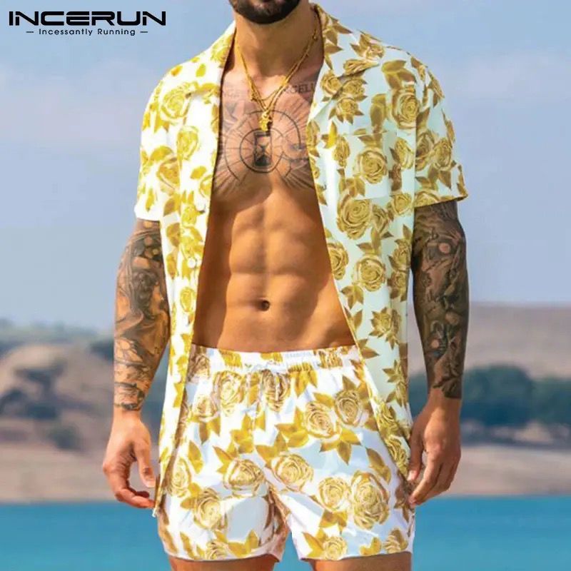 Men Hawaiian Sets Printing Summer Short Sleeve Button Shirt Beach Shorts Streetwear Casual Mens Suit 2 Pieces INCERUN XL S2470731 - Tuzzut.com Qatar Online Shopping