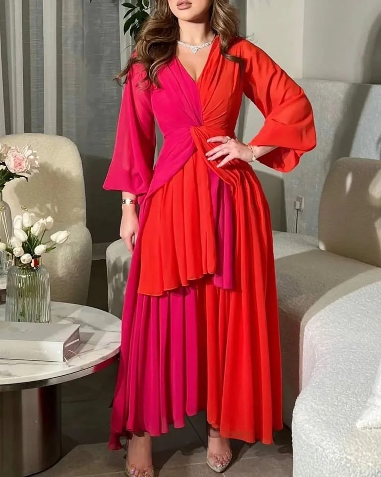 Dubai Women Saudi Arabia Prom Dresses Long Sleeves V Neck Evening Party Formal Occasion Gowns L S4820447