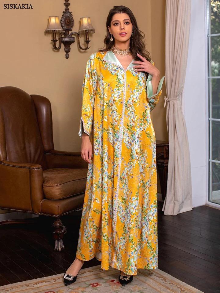 Abayas For Women Saudi Arabia Elegant Floral Print Long Dresses Diamonds V-Neck Kaftan Dubai Luxury Ramadan Clothes XL S4852368 - Tuzzut.com Qatar Online Shopping