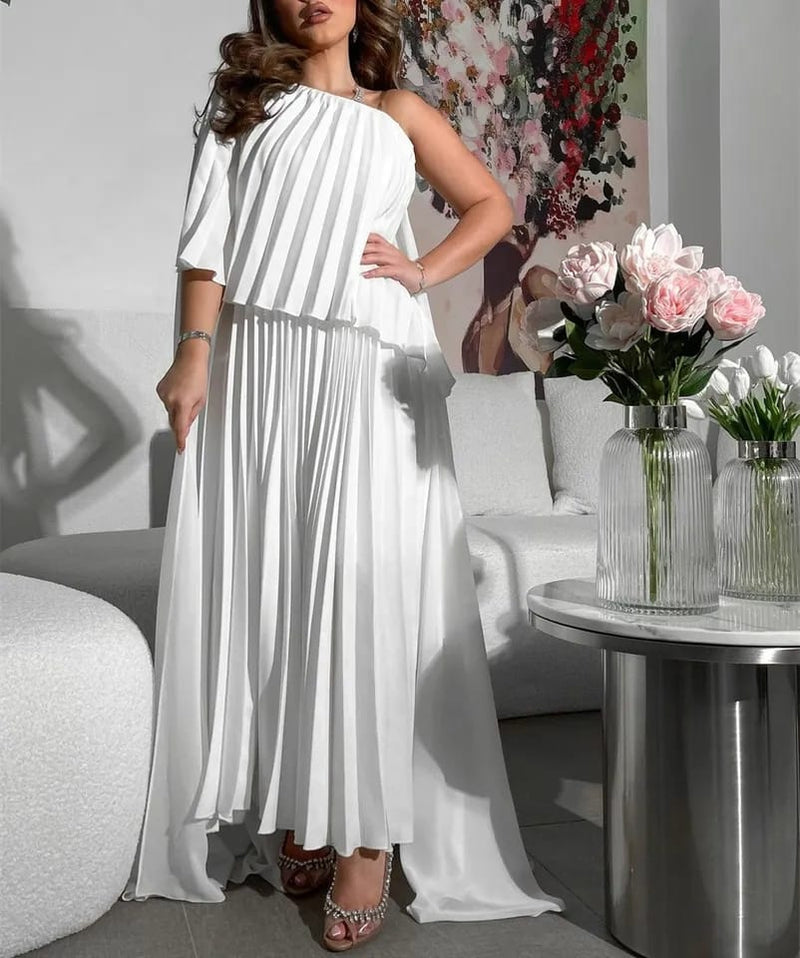 Vintage Long Chiffon White Evening A-Line One Shoulder Pleated Ankle Length Prom Gown Vestidos Party Dress for Women XL S4913368