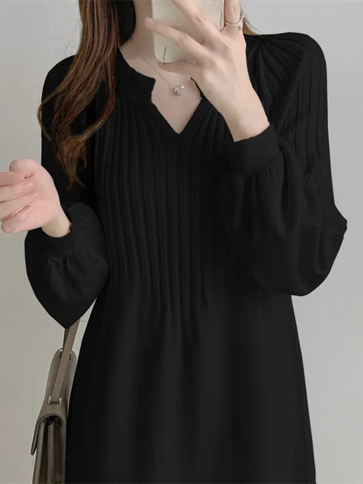 Solid Casual Knitted Dress Autumn Winter Women Large Size Loose V-Neck Mid-Calf Long Sleeve Pullover Sweater Dresses M 188791 - Tuzzut.com Qatar Online Shopping