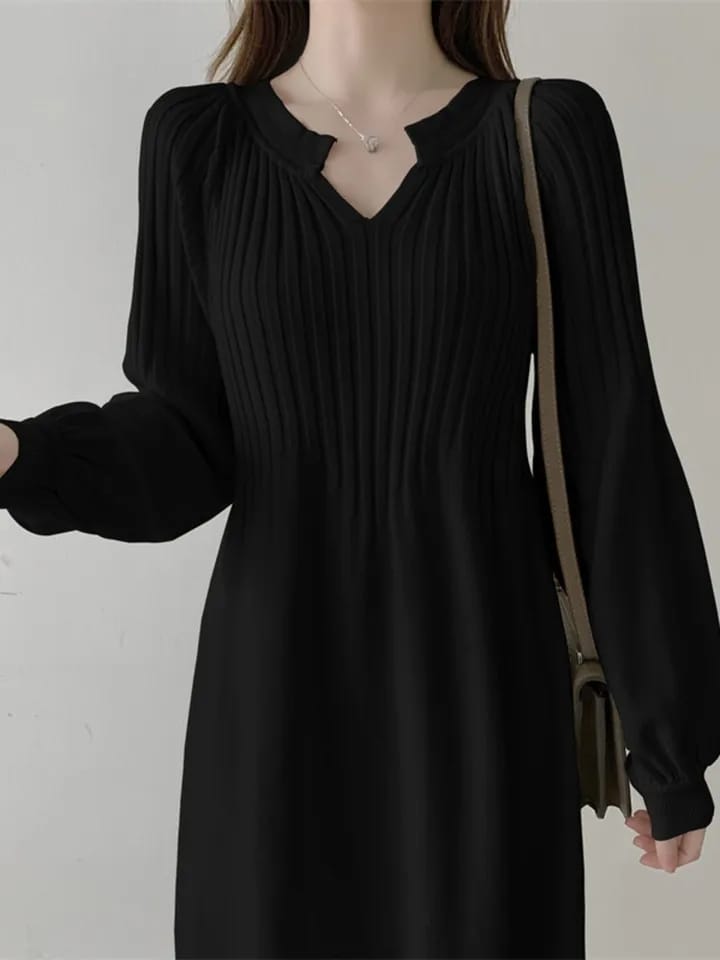 Solid Casual Knitted Dress Autumn Winter Women Large Size Loose V-Neck Mid-Calf Long Sleeve Pullover Sweater Dresses M 188791 - Tuzzut.com Qatar Online Shopping