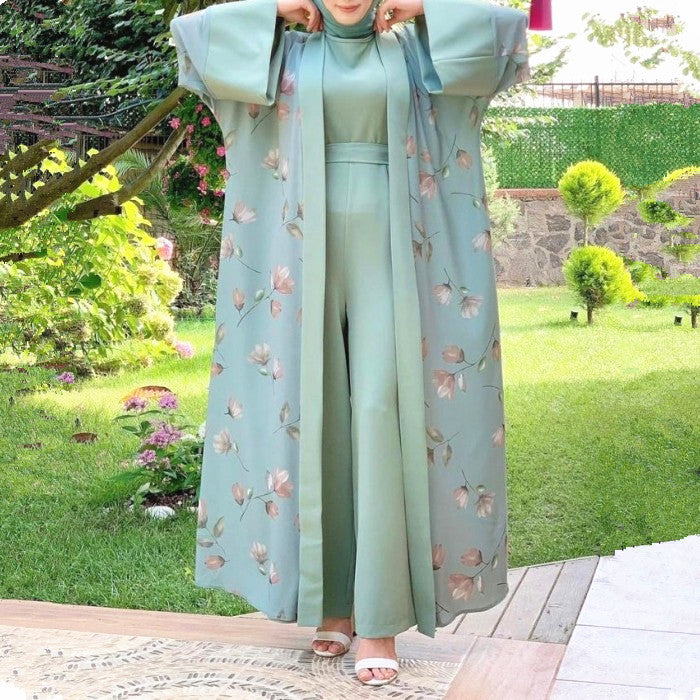 Middle East new flower long coat fashion elegant abaya women's two-piece suit eid mubarak kaftan dubai abaya turkey muslim L S4807295