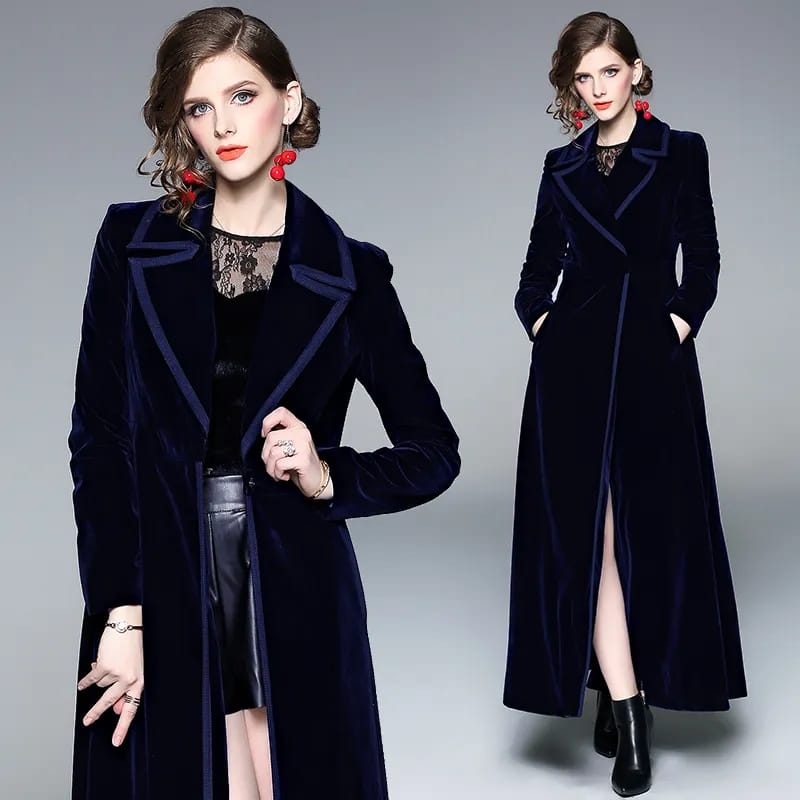 Winter Runway Designer Women Vintage Notched Collar Wrap Black Velvet Maxi Coat Thick Warm Long Trench Coat Outwear L B-43723