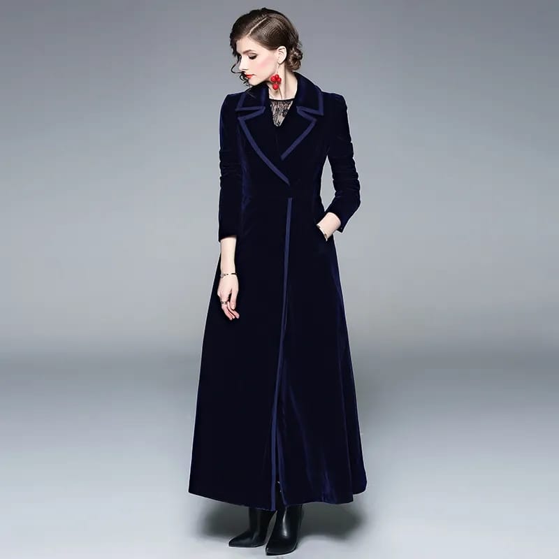 Winter Runway Designer Women Vintage Notched Collar Wrap Black Velvet Maxi Coat Thick Warm Long Trench Coat Outwear L B-43723