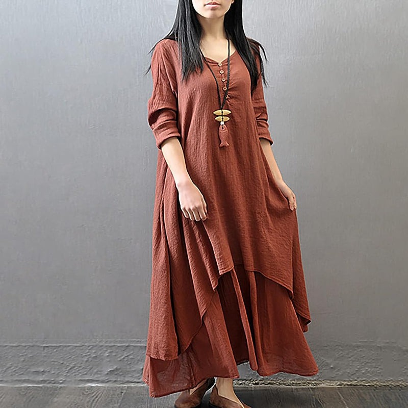 Women Casual Loose Long Sleeve Cotton Linen Boho Long Dress Irregular Dress Spaghetti Straps Form-Fitting Mini Dress 3XL S4457398