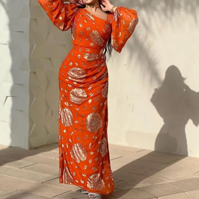 Women Sequins Sexy Dress Chiffon Long Sleeve Dance Orange Party Lady Slim Empire Elegant Spring Summer Maxi Dress S4668451 - Tuzzut.com Qatar Online Shopping