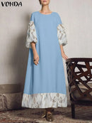 Summer Dress VONDA Women Lace Patchwork Party Vestidos Casual Loose Lantern Sleeve Robe Holiday Party Sundress 3XL S4226211 - Tuzzut.com Qatar Online Shopping