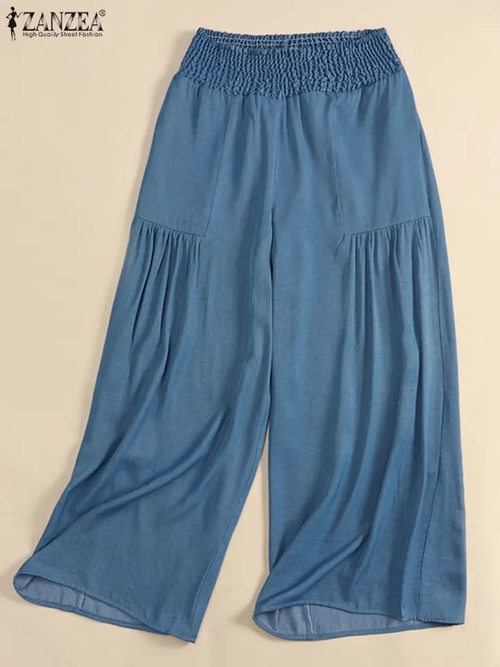 Oversized Summer Fashion Denim Blue Wide Leg Pants Loose Pants ZANZEA Women OL Streetwears Casual Solid High Waist Trouser 3XL S4694087