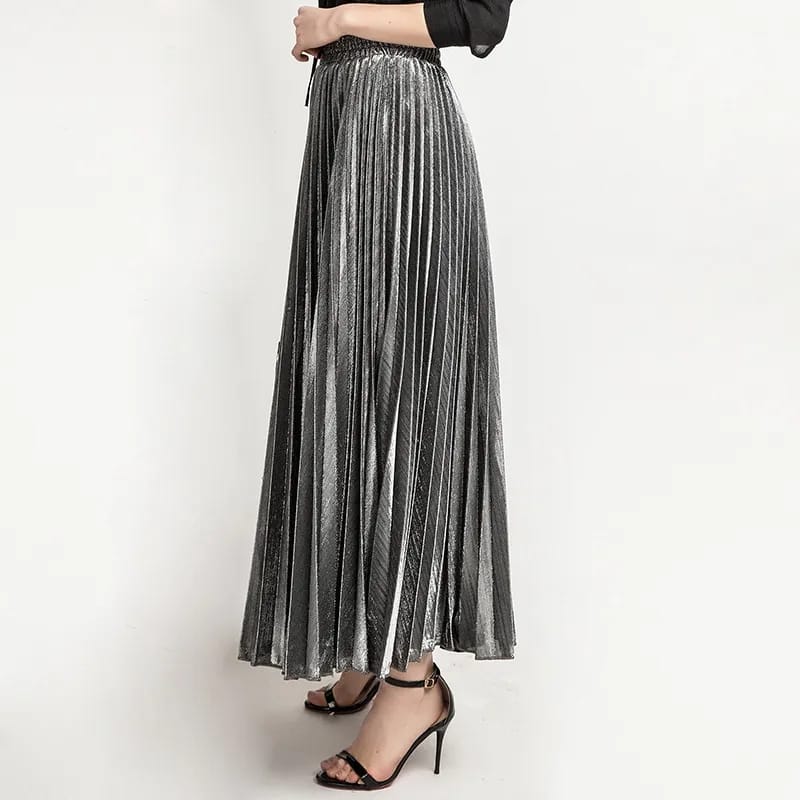 Spring Metallic Pleated Maxi Skirt High Waist Harajuku Large Swing Gold Long Skirts For Women S4896631