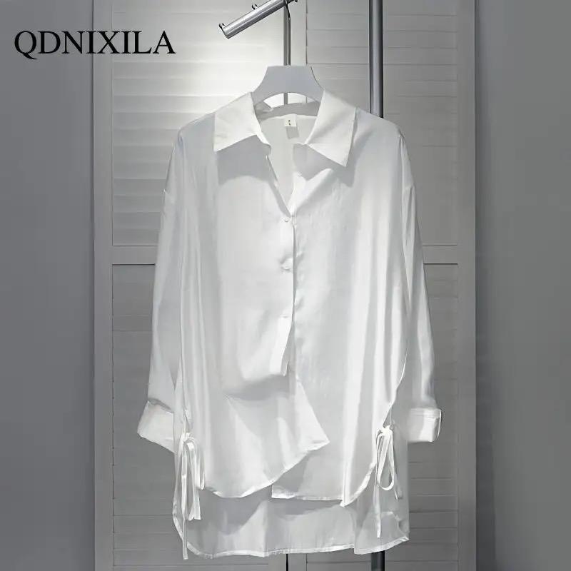 ZANZEA Women's Blouse White Shirt Loose Slouch Style Long Sleeve Oversized Shirt Lace-up Design Drape Breathable Thin Coat Top Women S4678605