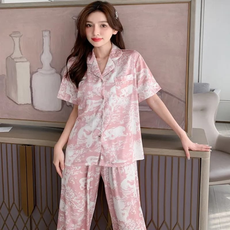 Women Pajamas Short Sleeve Pants Two Piece Set Summer Silk Thin Lapels Sweet Cardigans Large Size Casual Home Clothing L S4889895