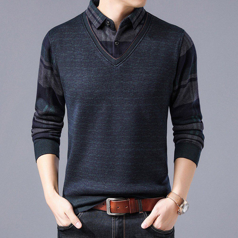 Men's Sweaters Fake Shirt Stripe Knitted Man Sweater Triangle Fashion Casual Cotton Autumn Collar Keep Warm Winter Pull Homme ZD68
