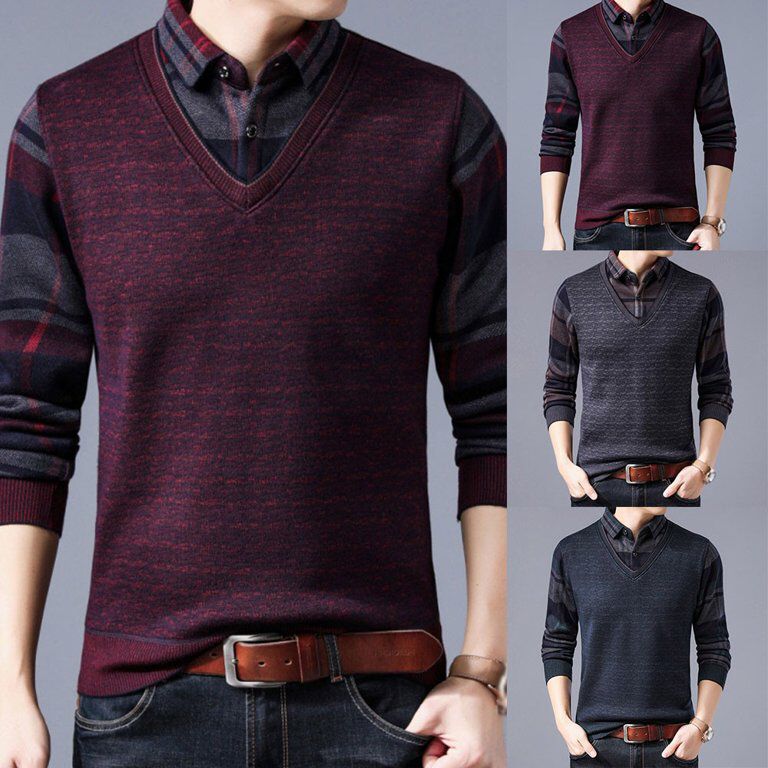 Men's Sweaters Fake Shirt Stripe Knitted Man Sweater Triangle Fashion Casual Cotton Autumn Collar Keep Warm Winter Pull Homme ZD68 Men's Sweaters Fake Shirt Stripe Knitted Man Sweater Triangle Fashion Casual Cotton Autumn Collar Keep Warm Winter Pull Homme ZD68