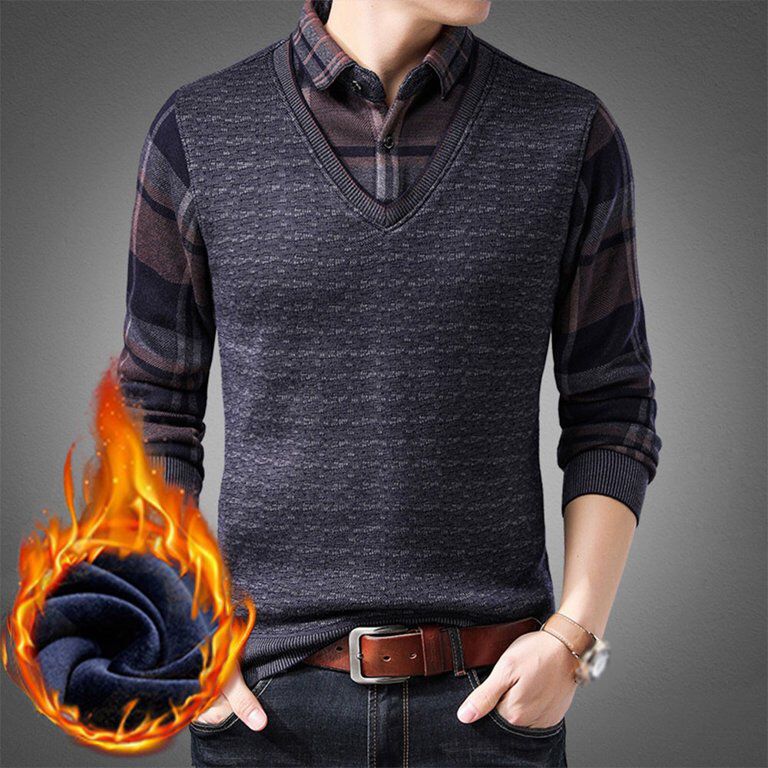Men's Sweaters Fake Shirt Stripe Knitted Man Sweater Triangle Fashion Casual Cotton Autumn Collar Keep Warm Winter Pull Homme ZD68