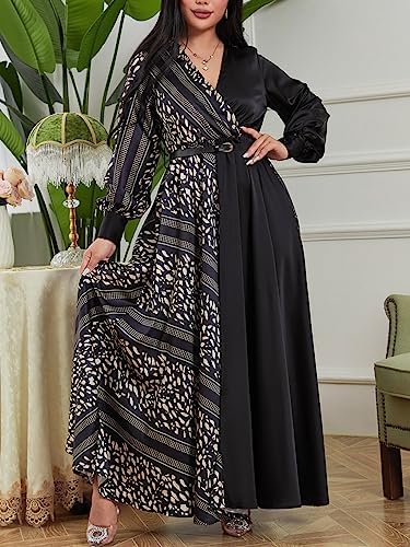 Women Formal Vintage Maxi Dress Satin Elegant Printed V-Neck Long Dress XL S4737738