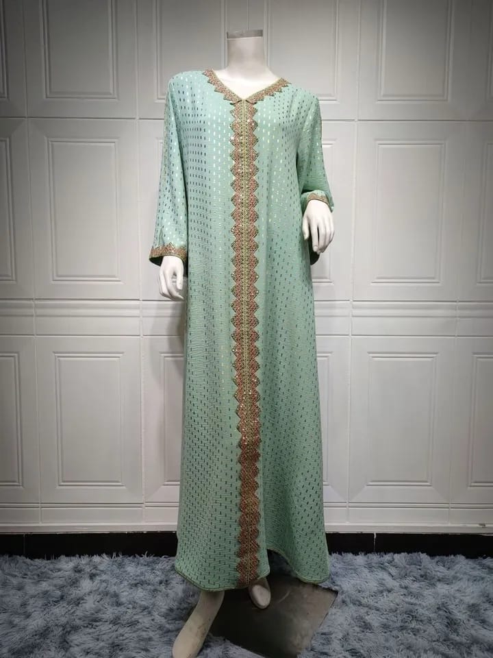 Autumn Muslim Women Long Sleeve V-neck Green Long Abaya Muslim Women Dress 2XL S4413678