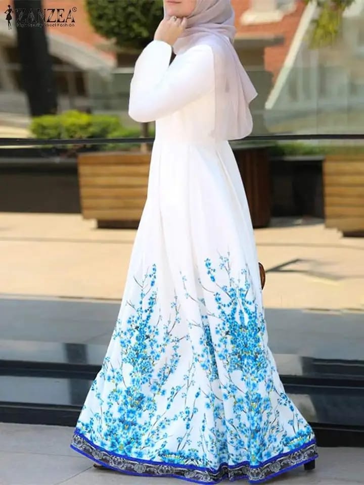 Fashion Long Sleeve Floral Printed Dubai Turkey Abaya Hijab Dress ZANZEA Women Muslim Maxi Long Dress Robe Femme Ramadan Kaftan 3XL S4583476