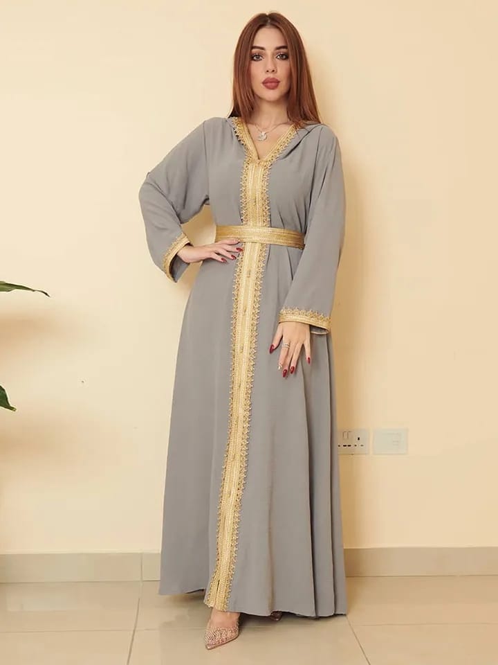 Hooded Abaya Long Dress Golden Lace Trimming Detail Elegant Muslim Moroccan Caftan Saudi Gulf Jalabiya Middle East Arab Dresses 2XL S4638225