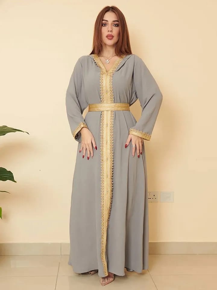 Hooded Abaya Long Dress Golden Lace Trimming Detail Elegant Muslim Moroccan Caftan Saudi Gulf Jalabiya Middle East Arab Dresses 2XL S4638225