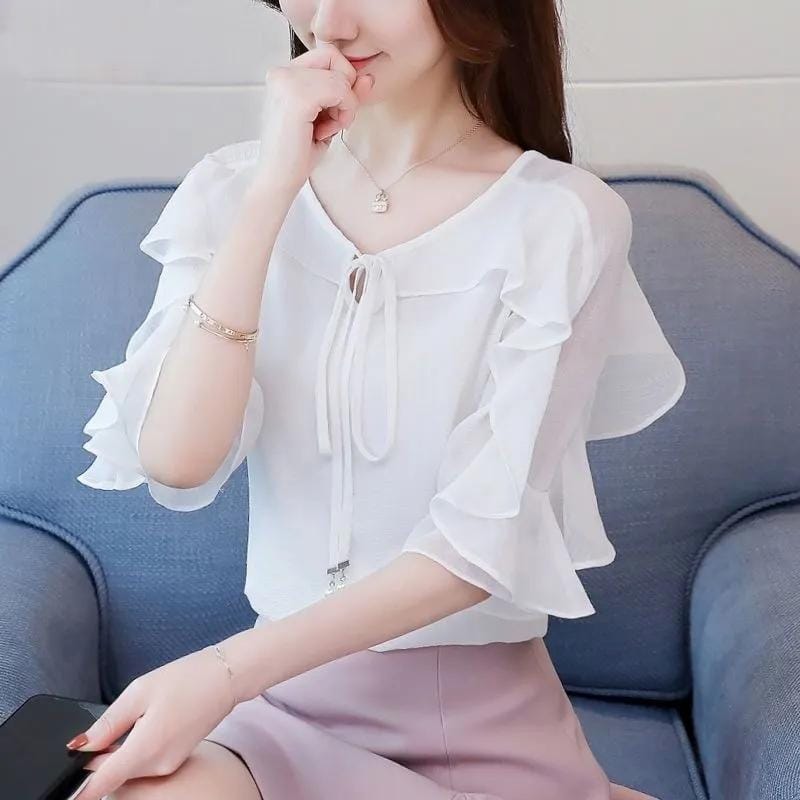 Fashion Flying Sleeve Drawstring Sweet Chiffon Blouse Plus Size Summer Office Lady Tops Loose Casual Female Clothing Shirt M S4886683