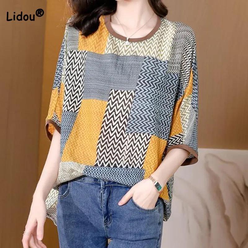 Women's Clothing Fashion Casual Round Neck Patchwork T-shirt Summer Korean Trendy Female Printed Half Sleeve Pullovers Tops L X4614308