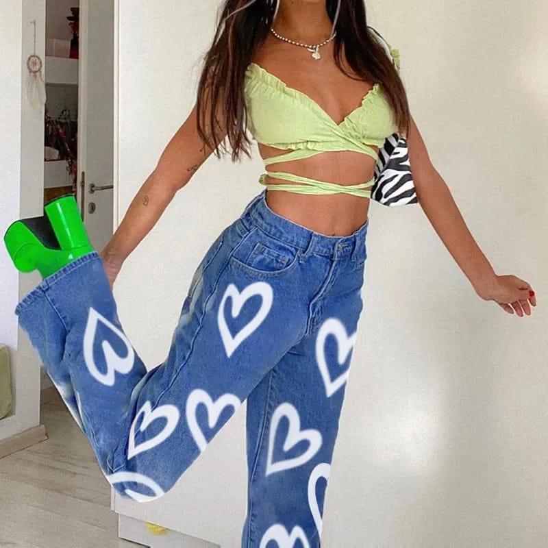 Women Wide Leg Jeans High Waisted Fit Graffiti Style Heart Graphic Print Fashion Slender Aesthetic Vintage Baggy Streetwear S S4901888