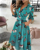 Women Fashion Floral Print Long Sleeve V-neck Casual Sundress Dress L S4207688 - Tuzzut.com Qatar Online Shopping