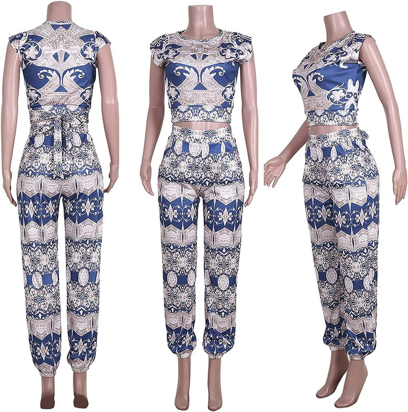 Womens Sexy 2 Pieces Printed Tie Bandage Crop Tops Bodycon Pants Party Clubwear Tracksuit Outfits Set 3XL S5079277