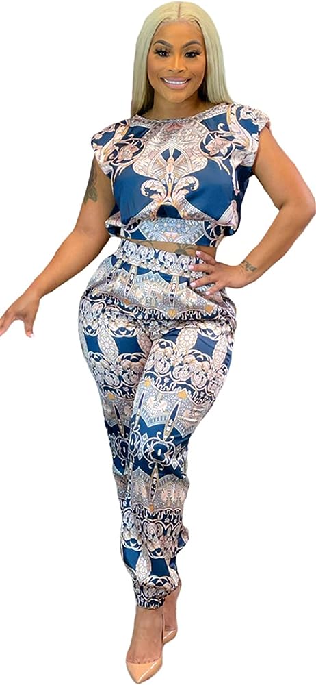 Womens Sexy 2 Pieces Printed Tie Bandage Crop Tops Bodycon Pants Party Clubwear Tracksuit Outfits Set 3XL S5079277