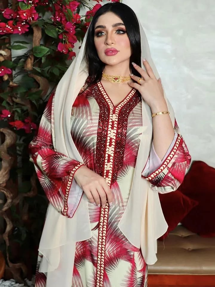 Diamonds Arabic Long Dress Women Braid Trim Print Party Evening Gulf Abaya Moroccan Middle East Dubai Ramadan Muslim Eid Kaftan XL S4261395