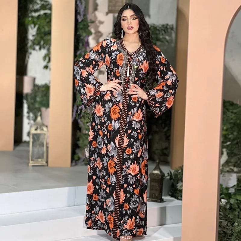 Muslim Fashion Jalabiya Floral Print Arabic Dress Abaya Dubai Saudi Arabian Evening Party Gown Women Moroccan Caftan Kaftan Robe 2XL S4579600
