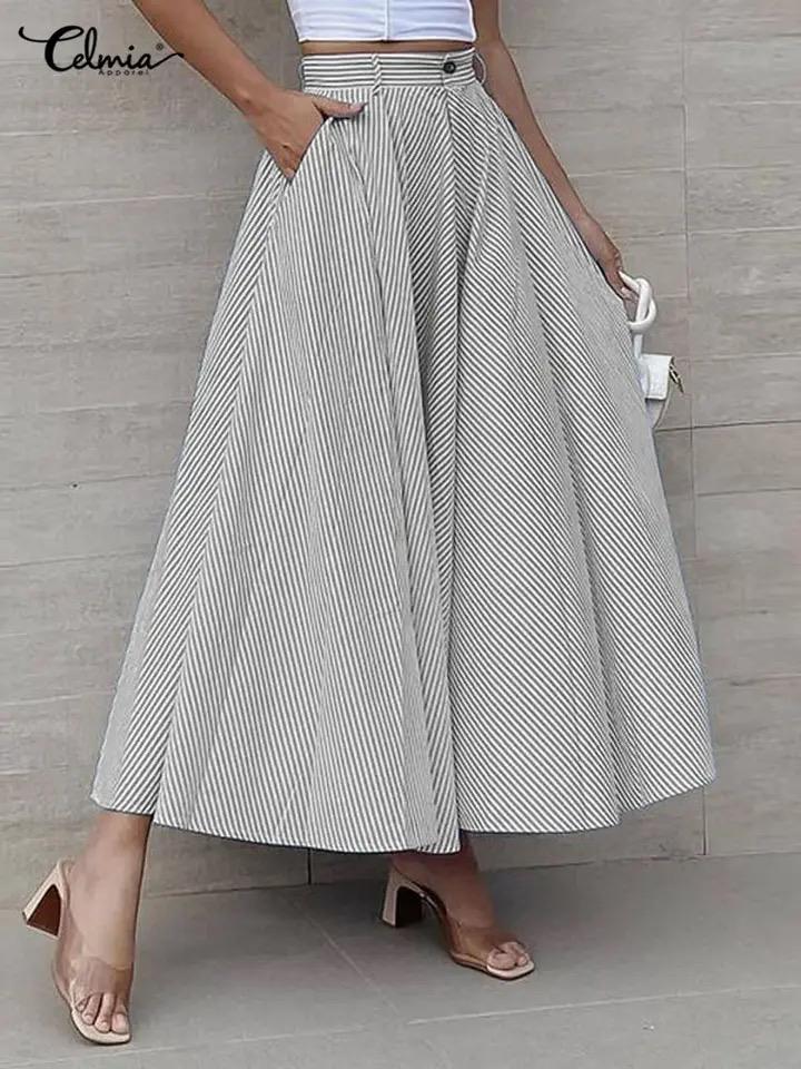 Women Long Skirts Striped Party Maxi Skirt Celmia Fashion Loose Casual Skirt Summer High Waist A-line Office Lady Bottoms 2XL S3227039