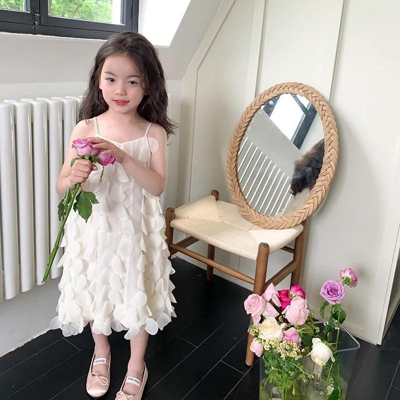 Girls Petal Suspender Dress Children Korean Fashion Solid Color Princess Dress 2023 Summer New Kids Beach Holiday Casual Dress 3-4Y X4903445