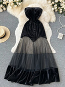Fall Winter Velvet Party Dress Sexy Strapless Slim Bodycon Long Dress Women Perspective Mesh Patchwork Robes Femme With Gloves L S4793509 - Tuzzut.com Qatar Online Shopping
