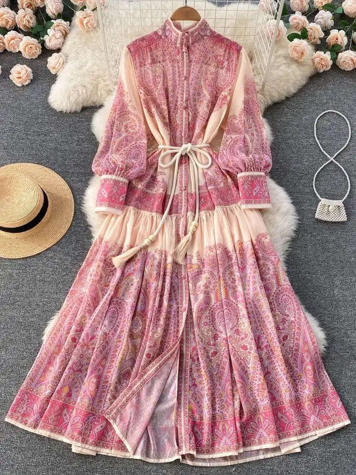 Autumn Holiday Pink Maxi Dress Women Clothing Turleneck Long Lantern Sleeve Flower Retro Print Belted Chiffon Loose Vestidos S X4434760