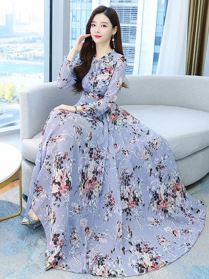 Blue Floral Vintage Chiffon Long Sleeve Dress Spring Autumn Womens Fashion Prom Maxi O-Neck Bodycon Evening Midi Dresses S X4398474
